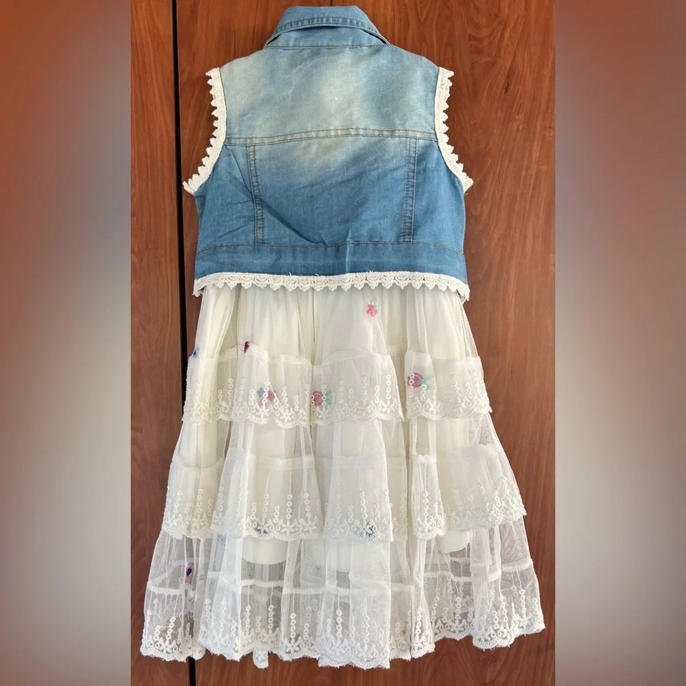 Rare Editions - Mesh Floral Embroidered dress w/lace trim and denim vest 2pc
